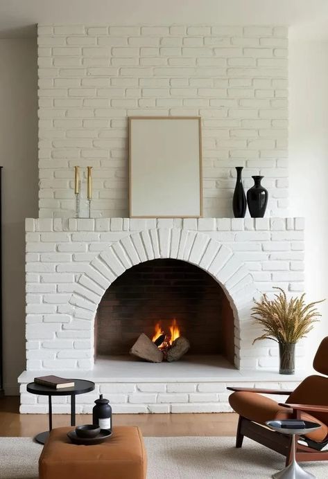 20 Stunning Mid-Century Modern Fireplace Makeover Ideas 25 Modern Arched Fireplace, 60s Brick Fireplace, 1940s Fireplace Makeover, Rounded Fireplace Hearth, Stucco Fireplace With Built Ins, Resurface Brick Fireplace, Scandinavian Interior Fireplace, Brick Fireplace Surround Ideas, Fireplace With Arches On Sides