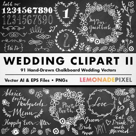 Chalkboard Wedding Clipart II  DIY Wedding by LemonadePixel Wedding Chalkboard Art, Creepy Wedding, Chalkboard Flowers, Calendar Doodles, Chalkboard Projects, Doodle Clipart, Diy Table Numbers, Wedding Invitation Fonts, Photo Booth Sign