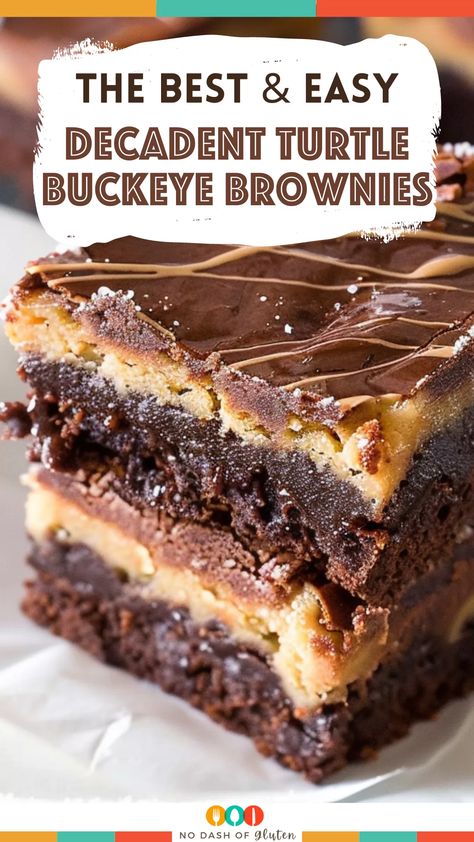 Decadent Turtle Buckeye Brownies Box Mix Brownies Ideas, Chocolate Peanut Butter Brownies Easy, Buckeye Dessert, Caramel Pecans, Peanut Butter Brownies Recipe, Buckeye Brownies, Turtle Brownies, Ultimate Brownies, Peanut Butter Brownie