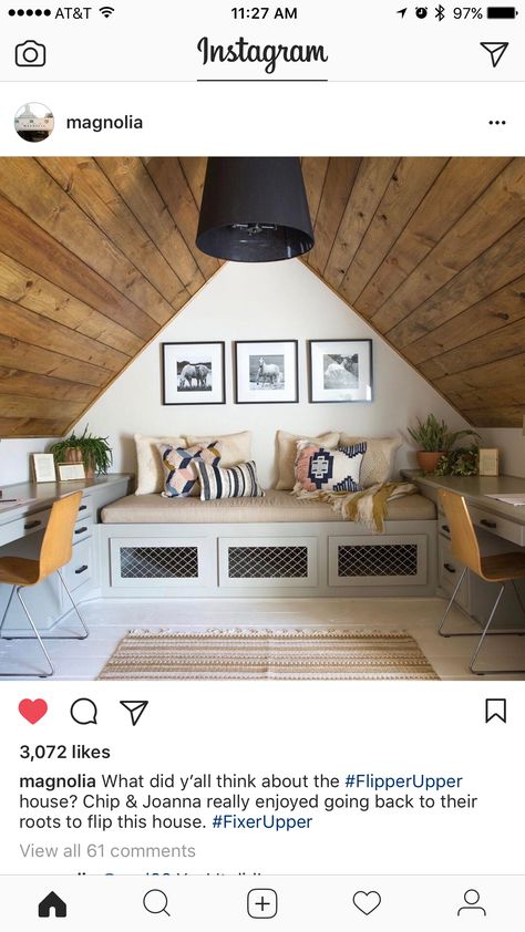 Attic office idea (Joanna Gaines Fixer Upper) Stained Shiplap Ceiling, Attic Office Ideas, Giraffe House, Stained Shiplap, Attic Office, Shiplap Ceiling, Household Pests, Small Attic, Attic Conversion