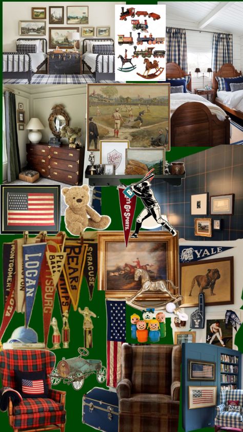 Ralph Lauren, all American, vintage, baseball, cars, equestrian, bold, English country, sports, masculine Boys Room Inspiration, Americana Nursery, Vintage Sports Room, Vintage Boys Room, Country Sports, Baseball Room, Big Boy Bedrooms, Toddler Boys Room, Nursery Room Design