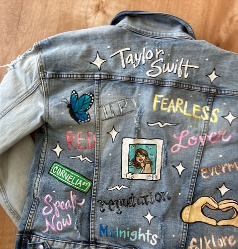 Another TAYLOR SWIFT jacket delivered 🫶🏽 It means sooo much when I get a message from a buyer right away! It puts me at ease that they got it and they are happy with it my work 💖 Cheers to all of you SWIFTIES out there!! 🦋 #taylorswiftfan #swiftieforever #taylorswiftfashion #concertfashion #erastouroutfit #taylorswiftfanart The Eras Tour Jean Jacket, Eras Tour Jean Jacket Diy, Taylor Swift Painted Jacket, Eras Tour Jean Jacket, Eras Tour Denim Jacket, Taylor Swift Jean Jacket, Taylor Swift Jacket, Eras Tour Jacket, Jean Jacket Diy