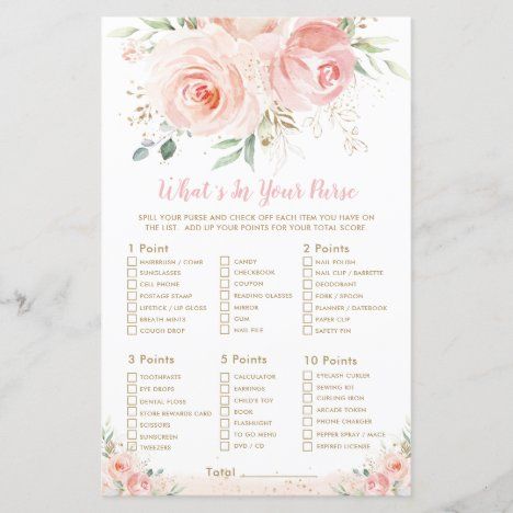 Pink Floral Bridal Shower, Lollipop Party, Purse Game, Whats In Your Purse, Coed Baby Shower, Game Ideas, Floral Bridal Shower, Floral Baby Shower, Watercolor Rose