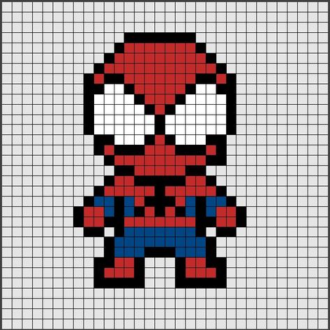 Spiderman Beads Pattern, Pyssla Ideas Spiderman, Pixel Art Characters Easy, Pixel Art Pattern Spiderman, Spiderman Grid Pattern, Spiderman Grid, Pixel Art Cartoon Characters, Easy Pixel Art Disney, Patrones Hama Beads Ideas