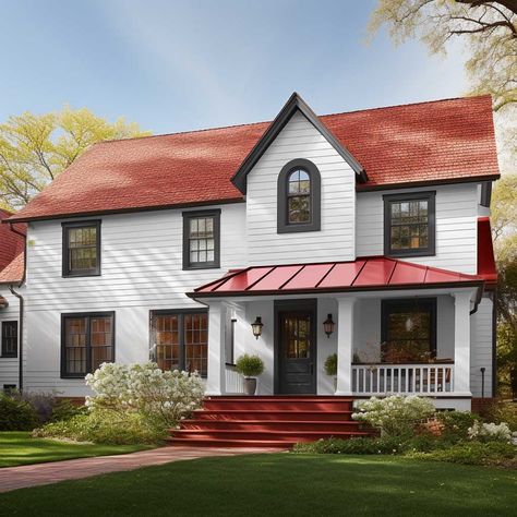 3+ Fresh Red Roof House Color Schemes for a Stunning Look • 333+ Images • [ArtFacade] Red Roof House Exterior Colors, Red Roof White House Black Trim, Red Brown Roof Exterior Paint, Red Roof White House, White House Red Roofs, Maroon Roof House Colors, Exterior Paint Colors For House With Red Roof, Red Houses Exterior, Red Tin Roof House