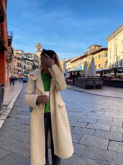 Verona Outfit Winter, Verona Outfit, Winter Fit, White Coat, Outfit Winter, Green Sweater, Italy Travel, Verona, Coats For Women