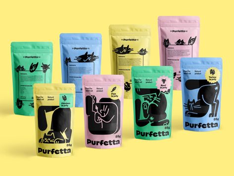 Cat Food Packaging Design by tubik.arts on Dribbble Animal Food Packaging Design, Animal Packaging Design, Pet Food Packaging Design Creative, Doodle Branding Design, Animal Branding Design, Cat Food Branding, Animal Food Packaging, Pet Food Design, Dog Food Design