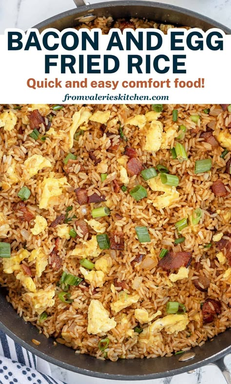 The classic flavors of bacon and eggs quickly stir-fried with rice, onions and soy sauce. This quick and easy Bacon and Egg Fried Rice recipe is delicious any time of day or night! Bacon Egg Fried Rice, Fried Rice Bacon, Rice With Bacon And Onion, Bacon And Egg Fried Rice Recipe, Breakfast Fried Rice Sausage, Fried Rice With Bacon And Egg, Rice And Egg Recipe Dinners, Bacon And Rice Recipes, Bacon Fried Rice Recipe Easy