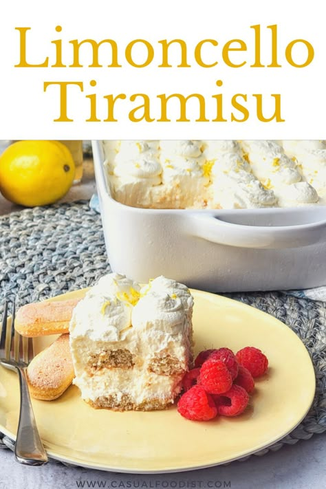 A citrusy version of the Italian classic, Limoncello Tiramisu is a no bake dessert that's easy and elegant. Discover the best recipe for Limoncello Tiramisu. | lemon dessert | no bake lemon dessert | limoncello desserts | lemoncello tiramisu recipe | lemon tiramisu recipe | Tiramisu Recipe Fruit, Lemon Italian Love Cake, Italian Lemon Desserts Easy, Lemon Tirimasu Recipes, Italian Pudding Desserts, Lemon Tarimasu, Lemon Terimasu, Healthy Italian Desserts, Lemoncello Tiramisu Recipe