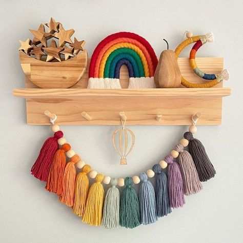 Macrame Kids Room, Rainbow Tassel Garland, Rainbow Macrame Wall Hangings, Kids Bedroom Wall Decor, Simpul Makrame, Moon Wall Hanging, Rainbow Bunting, Macrame Baby, Rainbow Garland