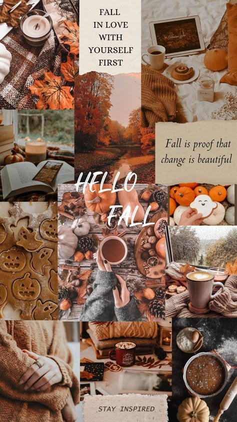 Cute Fall Screensavers, Fall Picture Collage, Hello Fall Asthetic, Cute Fall Collage Wallpapers, Autumn Phone Wallpaper Aesthetic, Hello Fall Aesthetic, Cozy Autumn Aesthetic Wallpaper Laptop, Phone Wallpaper Fall Aesthetic, Autumn Aesthetic Wallpaper Collage