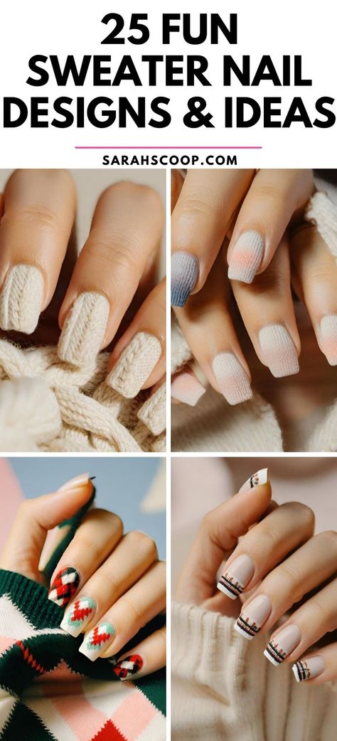 Get cozy this season with these unique sweater nail designs! Perfect for adding a touch of warmth and charm to your winter look! 💅😍 #nailinspo #sweater Short Square Sweater Nails, Nails Sweater Design, Winter Sweater Nail Designs, Sweater Effect Nails, Sweater Design Nails, Sweater Nails Winter, Sweater Nails Fall, Sweater Nails Designs, Sweater Weather Nails