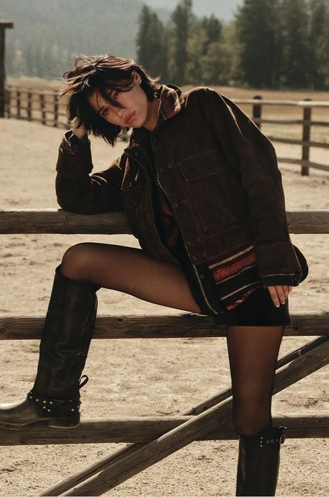 Free People x Yellowstone Kelsey Asbille, Yellowstone Outfits, Western Inspired Outfits, Black Cowgirl Boots, Grunge Western, Photography Concepts, Leather Cowgirl Boots, Rockstar Aesthetic, Western Outfits Women