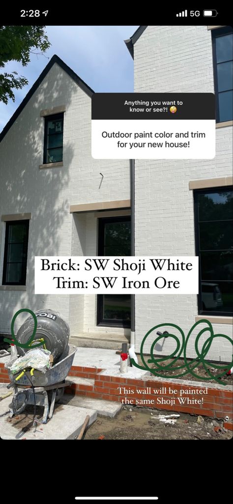 Painted Brick Rambler Exterior, Paint Over Brick Exterior, White Stucco Ranch House Exterior, Limewash Brick With Black Trim, Neutral Painted Brick Exterior, Modern White Brick House Exterior, Shoji White And Iron Ore Exterior, White Slurry Brick Exterior, Lime Washed Brick Exterior With Siding