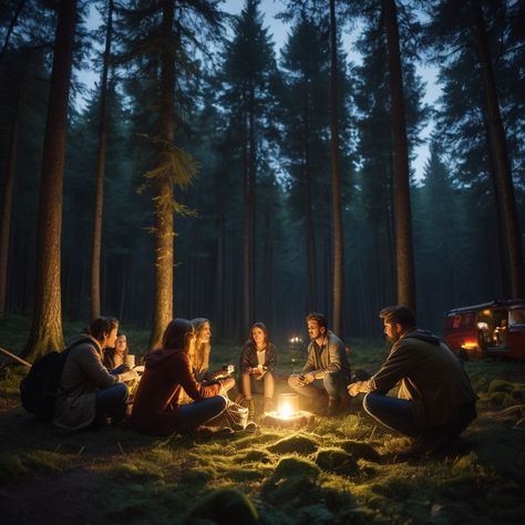 Camping With Friends In The Forest Clearing #tree #camping #friends #forest Camping Friends Aesthetic, Camping With Friends Aesthetic, Camping Aesthetic Friends, Forest Campfire, Camping With Friends, Friends Camping, Physical Traits, Forest Clearing, Vision Board Pics