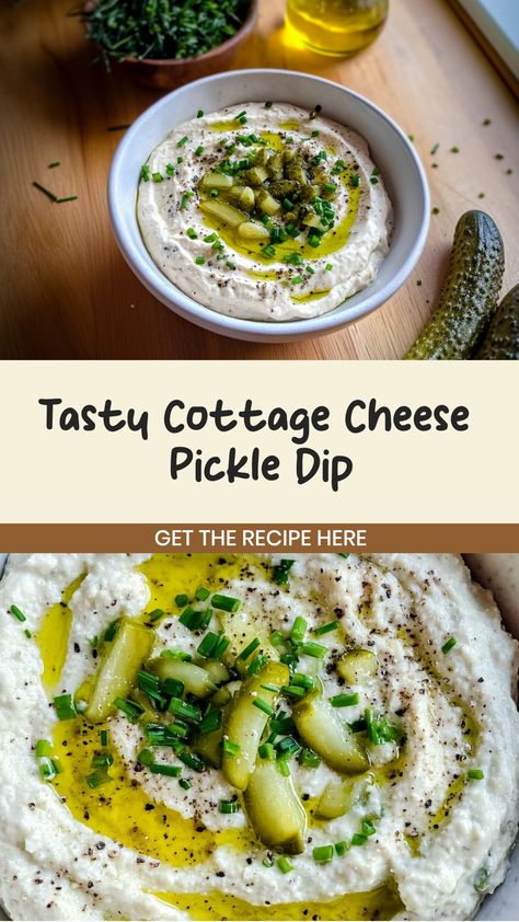 Savor the perfect mix of creaminess and tanginess in this cottage cheese pickle dip. The smooth texture of cottage cheese paired with zesty pickles creates a refreshing, savory dip. Ideal for snacking, parties, or as a spread for sandwiches and wraps. This easy-to-make dip is a unique twist on a classic that will keep you coming back for more.  Ingredients 1 cup plain cottage cheese 1/2 cup plain greek yogurt 1/2 cup chopped pickles 2 tablespoons pickle juice 2 teaspoons white wine vinegar 2 tab Savory Cottage Cheese Dip, Cottage Cheese Pickle Dip, Zesty Pickles, Savory Cottage Cheese Recipes, Cottage Cheese Dip Recipes, Pickle Dip Recipe, Low Calorie Pancakes, Cottage Cheese Dips, Unique Appetizers