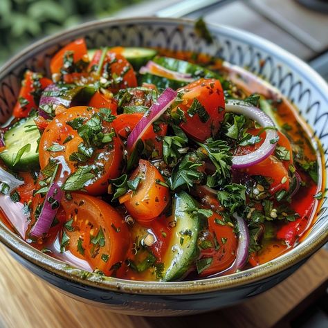 Fresh Tomato and Cucumber Salad Ingredients: 4 large tomatoes, chopped 2 cucumbers, sliced 1 red onion, thinly sliced 1/4 cup fresh parsley, chopped 1/4 cup fresh cilantro, chopped 2 tablespoons fresh mint, chopped 1/4 cup extra-virgin olive oil 2 tablespoons red wine vinegar 1 tablespoon lemon juice 1 garlic clove, minced Salt and freshly ground black pepper to taste Preparation: Preparing the Vegetables: Chop the Tomatoes: Wash the tomatoes thoroughly and chop them into bite-sized pieces. ... Onion Peel, Tomato And Cucumber Salad, Tomato And Cucumber, Salad Recipes Lunch, Corn Salad Recipes, Roasted Root Vegetables, Garlic Clove, Cucumber Tomato, Healthy Lifestyle Food