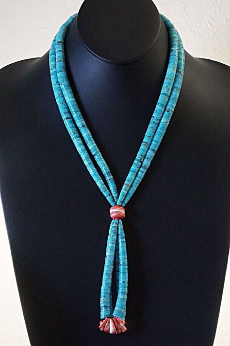 This stunning, two strand, turquoise and spiny oyster necklace was made by Santo Domingo silversmith Lupe Lovato.Necklace: 22"Length: 5 1/2"Width: 1 1/8"Free shipping on all orders! We ship with USPS and always include tracking. All orders ship within a day of payment.Returns are accepted up to 30 days after you receive your order. Just send us a message. Our shop offers cash back or store credit. The item must be returned in new condition. Stone Bead Jewelry, Bead Loom Designs, Navajo Jewelry, Spiny Oyster, Multi Stone, Beaded Jewelry Diy, Loom Beading, Turquoise Jewelry, Stone Beads