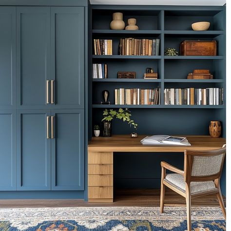 Monday blues? This built-in desk says bring it on! 💼💙 Because if you're going to work, why not do it in style? #MondayMotivation #BlueDeskVibes #WorkSmart #MainLineHomes #MainLineLiving #PhillyInteriors #LuxuryDesign #HomeOfficeGoals #UnionHomeDesign #InteriorArchitecture #MainLineDesign Modern Ikea Office, Built In Desk Library, Navy Blue Built In Desk, Built In Secretary Desk, Desk In Between Bookshelves, Blue Home Office Design, Navy Built Ins, Office Built Ins Bookshelves, Office Built Ins With Desk