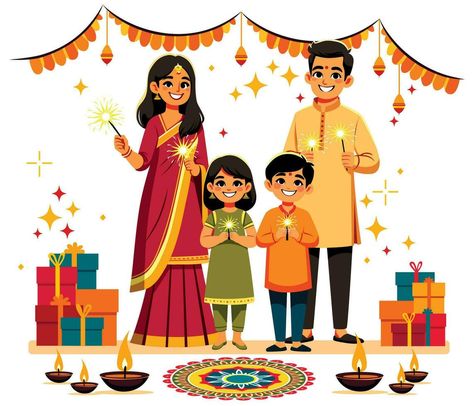 Indian Family Celebrating Diwali Diwali Celebration Illustration, Indian Family Illustration, Diwali Illustration Art, Diwali Celebration Drawing, Family Celebrating Diwali, Diwali Cartoon, Diwali Wishes In Marathi, Diwali Family, Diwali Posters