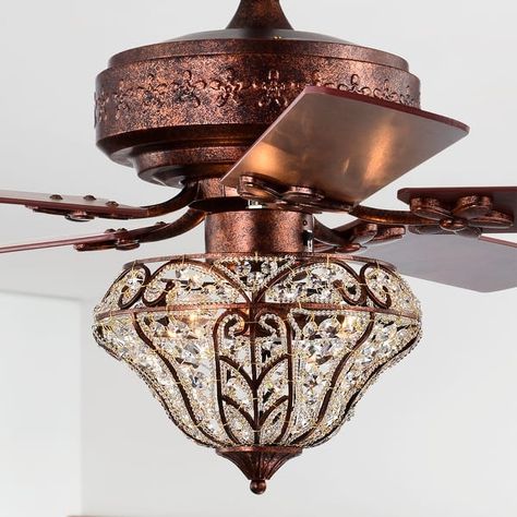 Luella 52 Inch Antique Copper Finish Ceiling Fan Crystal 3 Light with Remote - On Sale - Bed Bath & Beyond - 35237634 Remote Bed, Copper Ceiling Fan, Antique Ceiling Fans, Luxurious Lighting, Fan Lights, Copper Ceiling, Decorating Kitchen, Crystal Bowl, Tuscan Decorating