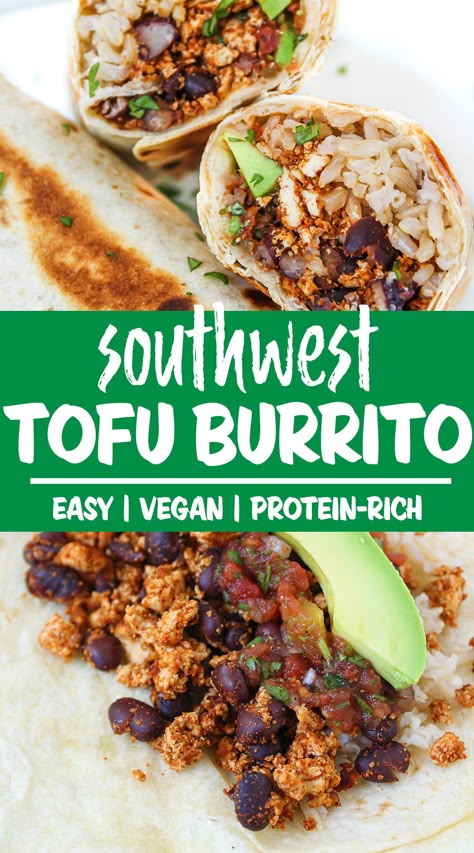 Plant Based Burritos, Tofu Scramble Burrito, Mexican Tofu Recipes, Meatless Burritos, Tofu Burrito Recipe, Tofu Burrito Bowl, Southwest Tofu, Mexican Tofu, Vegan Black Bean Recipes