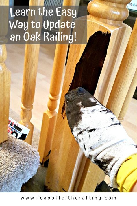 An easy farmhouse banister and railings makeover for cheap!  Learn how to do an oak banister makeover to a brown and white railing for around $50. #banister #makeover #farmhouse Landing Railing Ideas, Farmhouse Banister, Diy Banister, Oak Banister Makeover, Banister Makeover, Stained Staircase, Painted Banister, White Railing, Wood Banister