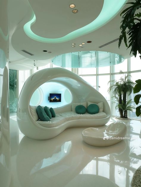 Frutiger Aero Interior Design, Frutiger Aero Interior, Futurism Interior Design, Aero Frutiger, Fruitger Aero, Futuristic Living Room, Retro Futuristic Interior, Futuristic Room, Futuristic Decor