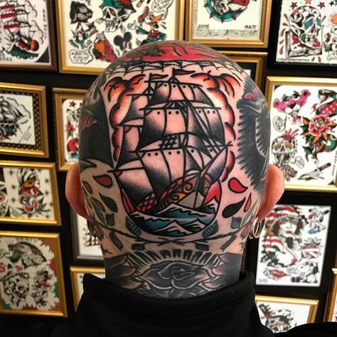 Bald Head Tattoo, Hand Of Glory, The End Is Near, Head Tattoo, Tattoo People, Hawaiian Tattoo, Ship Tattoo, Head Tattoos, Japanese Tattoo Art