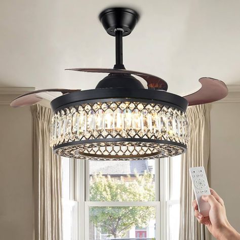 Amazon.com: 42” Fandelier Ceiling Fans with Lights and Remote, Modern Black Crystal Chandelier Fan with Reversible Motor 6 Speed, Industrial Smart Retractable LED Ceiling Fan for Bedroom Living Dinning Room : Tools & Home Improvement Black Ceiling Fan With Light, Ceiling Fan For Bedroom, Black Crystal Chandelier, Chandelier Ceiling Fan, Fan For Bedroom, Ceiling Fans With Lights, Exhaust Fans, Fans With Lights, Chandelier Fan