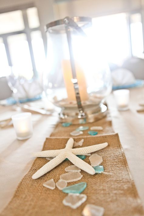 Coastal Beach Party Theme, Rustic Beach Wedding Table Decor, Simple Beach Centerpieces, Ocean Theme Wedding Centerpieces, Classy Beach Theme Party, Beach Themed Table Centerpieces, Beach Theme Wedding Shower Ideas, Beach Themed Retirement Party, Beach Wedding Tablescape