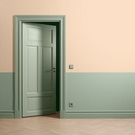 Hallway Wall Colors, Half Painted Walls, Two Tone Walls, Hall Painting, Hallway Paint, Wall Color Combination, Colour Matching, Green Door, Room Color Schemes