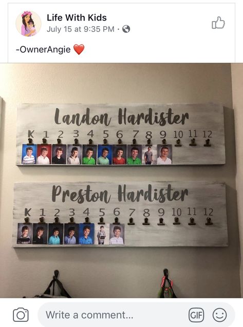 Great idea for organizing grade school photos and displaying them. Cute First House Ideas, School Years Picture Display, School Picture Photo Wall, Diy Wood Plank Projects, Yearly School Picture Display Ideas, Yearly School Photo Display, New Home Storage Ideas, Creative Picture Display, Small Diy Home Projects