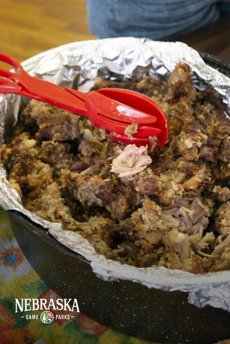 Shredded snapping turtle meat is in a crockpot with red tongs to pick up and put on someone's plate. Dinners With Deer Meat, Turtle Recipes, Snapping Turtle Recipes, Fried Snapping Turtle, Turtle Recipe Snapping, Turtle Meat Recipe, Cooking Deer Meat, Wild Game Recipes Deer, Gator Recipe