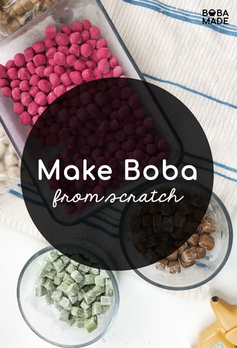 Once you have learned how to make tapioca pearls from scratch, you can get as creative as you like with different flavors, colors, and shapes.  Not to mention, it's much healthier for you than the store-bought dried tapioca pearls because this homemade boba are made with 100% natural ingredients. Home Made Boba, How To Make Boba With Tapioca Flour, Homemade Boba Recipe, How To Make Boba Recipe, Homade Boba, Tapioca Boba Recipe, Healthy Boba, Boba Pearl Recipe, Diy Boba Tea Recipes