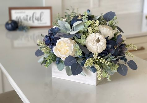 Blue And White Dried Flower Arrangements, Living Rooms With Navy Blue Accents, Blue Fall Centerpiece, Farmhouse With Blue Accents, Blue Pumpkin Centerpiece, Blue Fall Floral Arrangements, Blue And White Fall Tablescape, Fall Floral Arrangements Centerpiece, Blue Fall Flowers