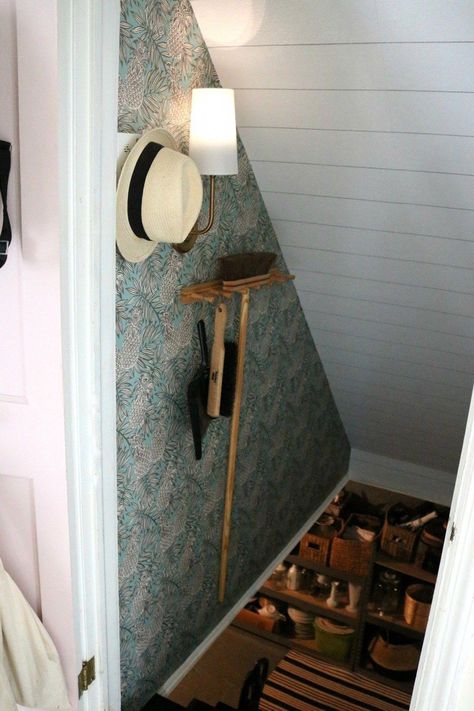 Entrance to the Basement- Wallpaper in unexpected places - Nesting With Grace #smallbasementideas Easy Basement Ceiling, Cabin Basement, Basement Decoration, Small Basement Remodel, Basement Entrance, Basement Remodel Diy, Basement Playroom, Basement Laundry, Diy Basement