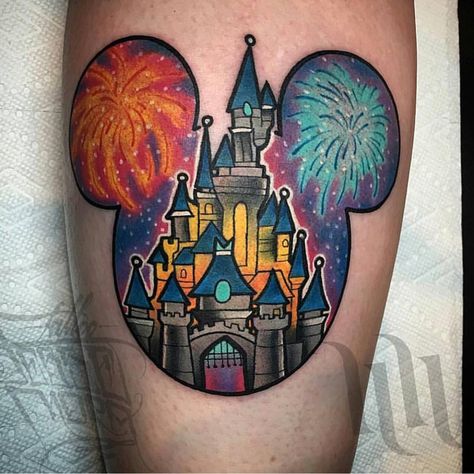 Disney tattoo Minnie Mouse Ideas, Firework Tattoo, Disney Castle Tattoo, Disney Inspired Tattoos, Tattoo Disney, Castle Tattoo, Disney Sleeve, Mouse Tattoos, Wicked Tattoos