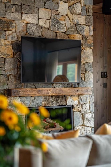 How To Mount A TV On A Stone Fireplace: Installation Tips Stone Fireplace Tv Mount, How To Mount Tv On Stone Fireplace, Mounting Tv On Stone Fireplace, Frame Tv Over Stone Fireplace, Tv Above Stone Fireplace, Tv Over Stone Fireplace, Tv On Stone Fireplace, Stone Wall Tv, Stone Fireplace With Tv