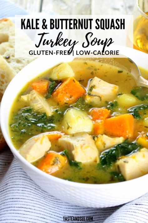 You'll love this healthy, easy Kale and Butternut Squash Turkey Soup! #GlutenFreeRecipes #TurkeyRecipes #ButterNutSquashSoup #Kale #SoupRecipes #ThanksgivingLeftovers #TasteAndSee A hearty reprieve from all that decadent holiday eating! Butternut Squash Turkey, Kale Butternut Squash, Acorn Squash Soup, Turkey Soup Recipe, Squash Soup Recipe, Kale Soup, Turkey Soup, Holiday Eating, Photo Food