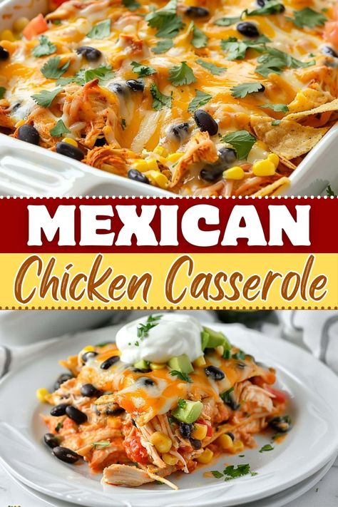 This creamy Mexican chicken casserole is always a hit! Loaded with chicken, beans, corn, spices, and tortilla chips, it's totally irresistible. Chicken Taco Bake Casserole, Mexican Casserole Chicken, Corn Tortilla Casserole, Creamy Mexican Chicken, Cheesy Mexican Chicken, Mexican Casseroles, Chicken Tortilla Casserole, Chicken Taco Casserole, Chicken Beans