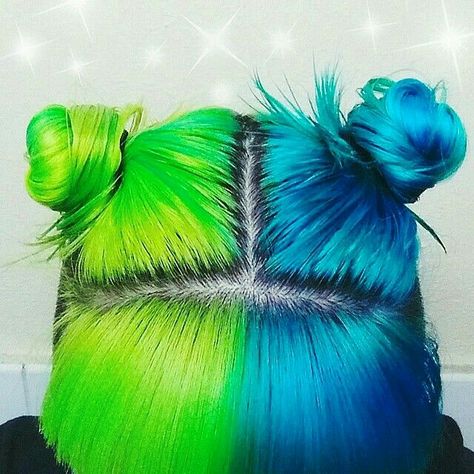 Like what you see? Follow me for more: @nhairofficial Dyed Hair Ideas, Half Dyed Hair, Half And Half Hair, Split Dye, Split Dyed Hair, Colourful Hair, Neon Hair, Space Buns, Split Hair