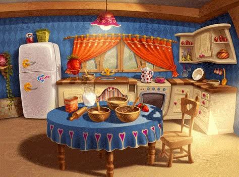 "Kidy" kitchen on Behance Cartoon Kitchen Drawing, Kitchen Cartoon Background, Kitchen Cartoon, Cartoon Kitchen, Kitchen Background, Kitchen Drawing, Bg Design, Disney Rooms, Kitchen Games