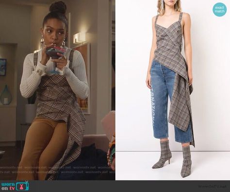 Zoe Grownish Outfits, Zoey Grownish Outfits, Grownish Zoey Outfits, Zoey Johnson Hairstyles, Blackish Outfits, Grownish Outfits, Grown Ish Outfits, White Ribbed Sweater, Zoey Johnson