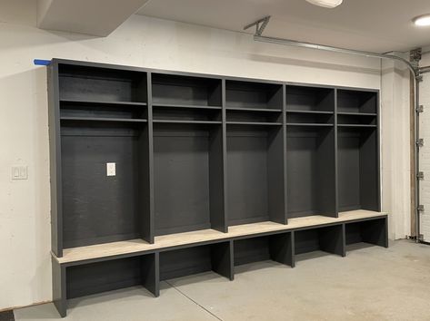 Build Mudroom In Garage, Hockey Storage Garage, Garage Locker Storage, Diy Lockers Mudroom, Open Bottom Mudroom Bench, Garage Cubbies, Built In Mudroom Bench, Diy Mudroom Storage, Baseball Locker Room