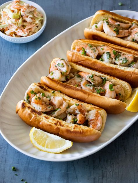 Shrimp Rolls with Garlic Butter - Armanino Shrimp Rolls Sandwich, Shrimp Sandwich Recipes, August Recipes, Lobster Roll Recipes, Seafood Dinners, Easy Coleslaw, Sea Foods, Garlic Rolls, Shrimp Rolls