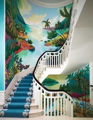 Tropical Wall Murals | Palm Tree Decor: A Tropical Wall Mural Island Beach House, Palm Tree Decorations, Florida Beach House, House Of Turquoise, Florida Design, Captiva Island, Stair Case, Coastal Chic, Stairway To Heaven