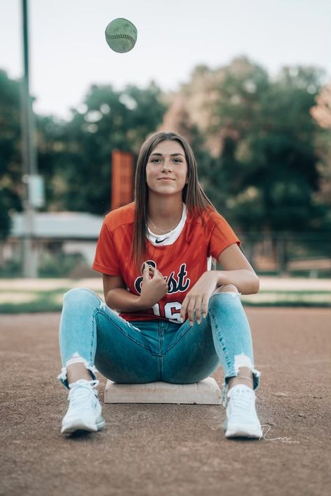 Softball Poses For Pictures Photo Ideas, Softball Pictures Senior, Senior Picture Ideas Multiple Sports, Senior Softball Pictures With Cap And Gown, Softball Banner Poses, Softball Field Senior Pictures, High School Senior Picture Ideas Softball, Senior Softball Photoshoot Ideas, Senior Pics With Jerseys