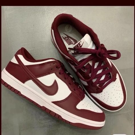 Nike dunk vintage red women's casual shoes Nike Dunk Shoes Women, Dark Red Nike Shoes, Maroon Nike Shoes, Dark Red Jordans, Red Shoes Nike, Nike School Shoes, Nike Trendy Shoes, Maroon Dunks, Cherry Red Shoes