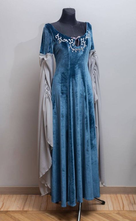 Blue Elven Dress, Blue Fantasy Dress, Dress With Chiffon Sleeves, Elvish Dress, Burgundy Ball Gown, Long Velvet Dress, Elf Princess, Elven Dress, Dragons Clothes